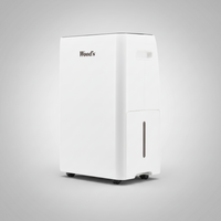 A white Wood's brand dehumidifier on wheels, shown from a three-quarter angle against a light gray studio background.