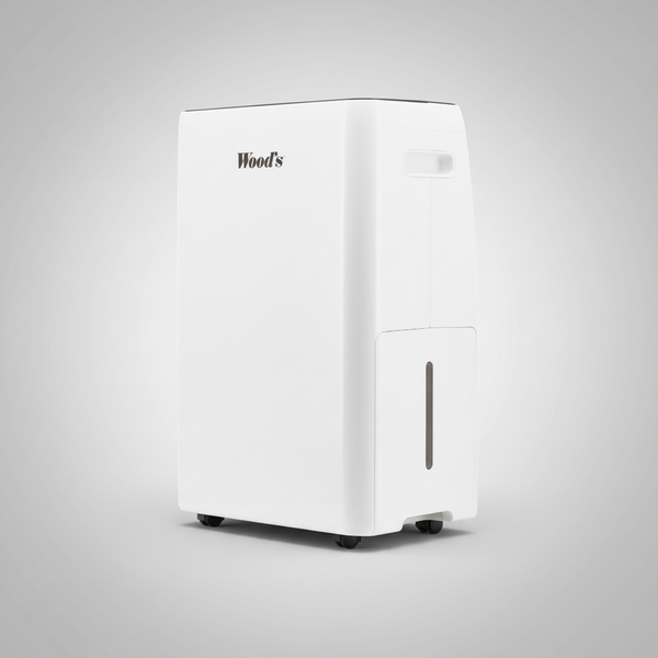 Angled studio view of a white Wood's MRD25-series dehumidifier with side water-level window and castors.