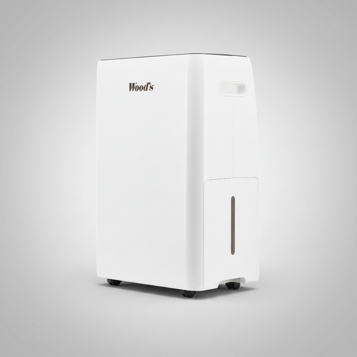 A white Wood's brand dehumidifier on wheels, shown from a three-quarter angle against a light gray studio background.