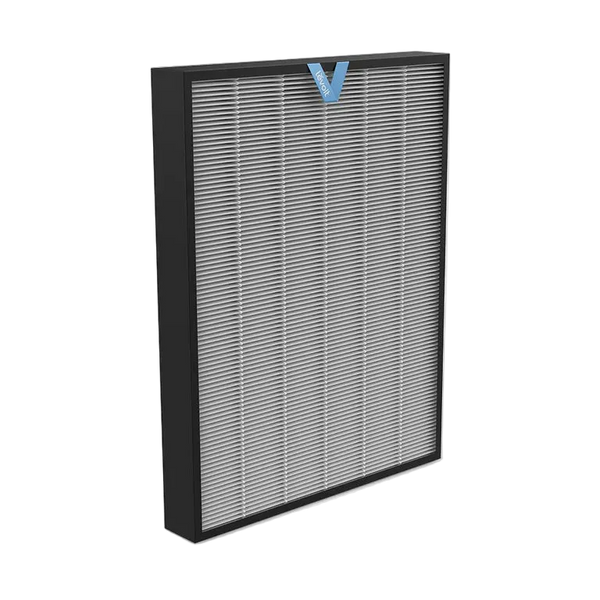 Angled view of rectangular Levoit EverestAir replacement filter with black frame and blue pull tab