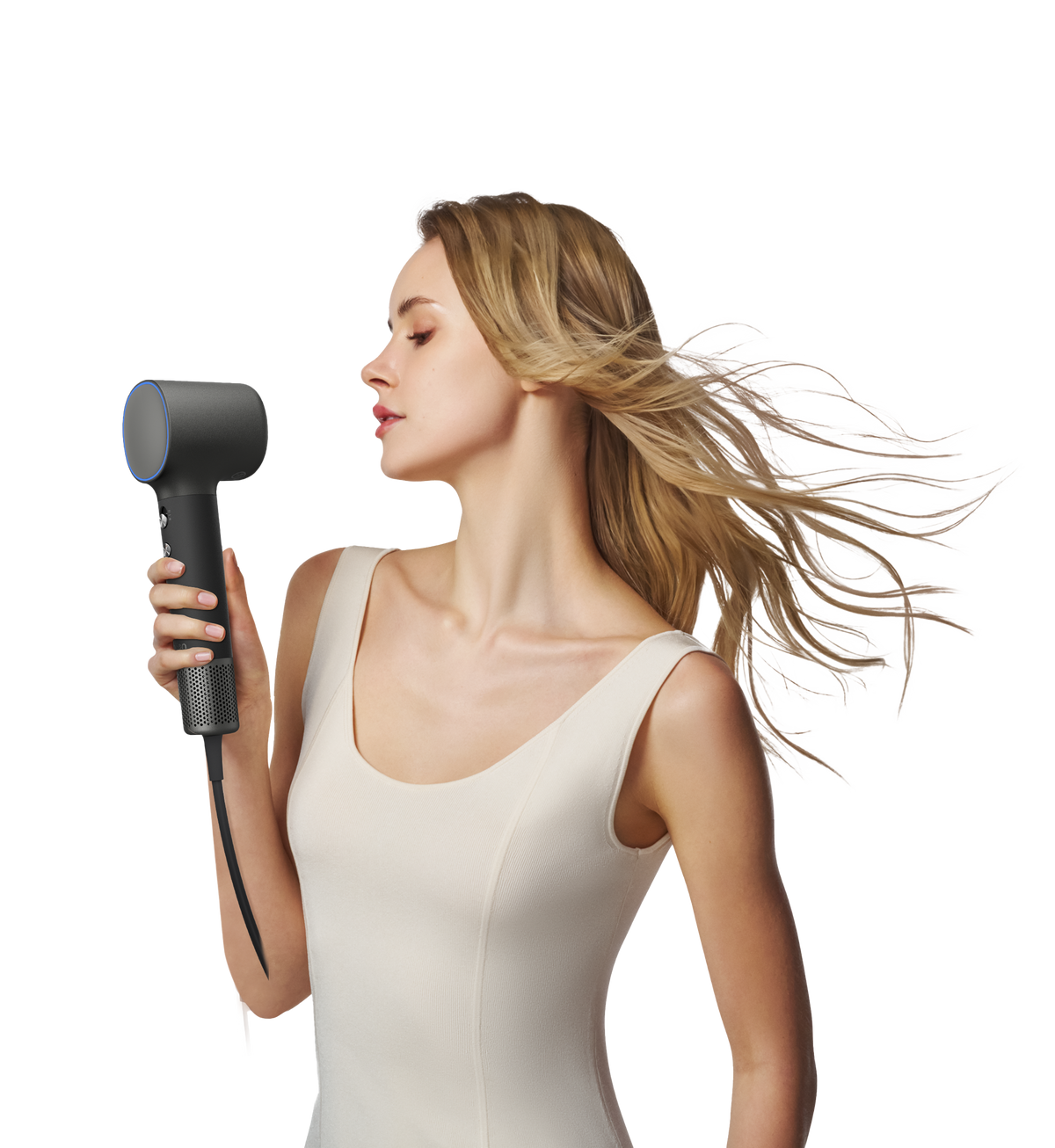 Woman drying her hair with the Laifen Neo Special hair dryer in Onyx Black
