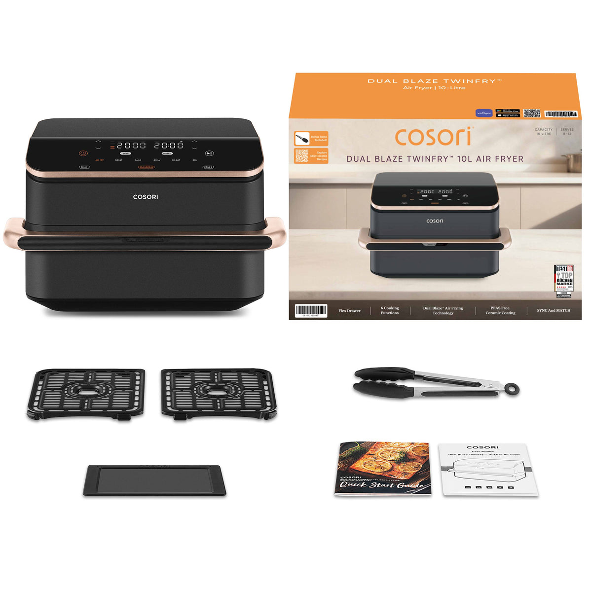 Cosori Dualblaze TwinFry 10 Litre (5Ltr + 5 Ltr) Air Fryer [Ceramic Version] - Air Fryers- RIBI Malta 