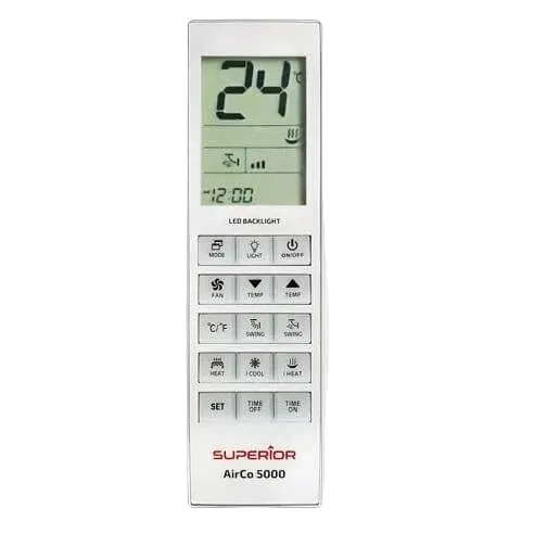 White Superior AirCo 5000 universal AC remote with LCD showing 24°C