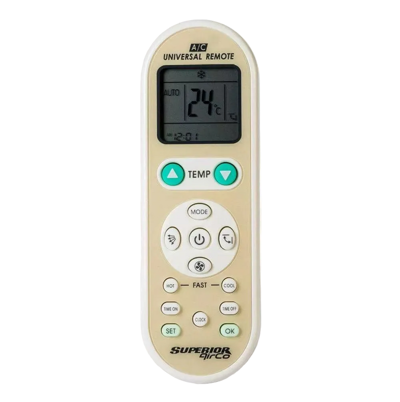Superior AirCo universal air conditioner remote with LCD showing 24°C and turquoise temperature buttons