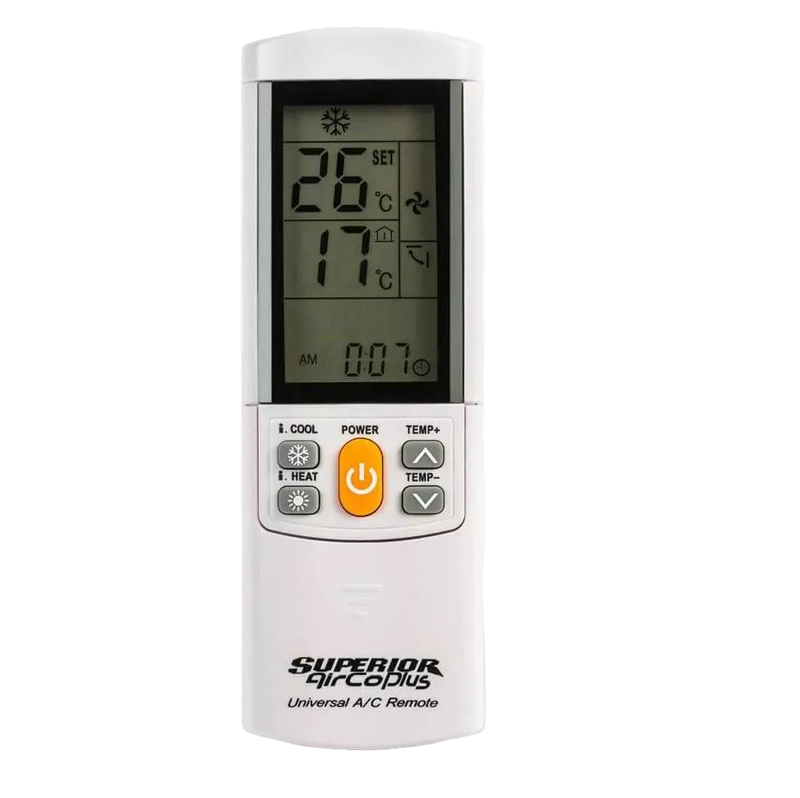 White Superior AirCoPlus universal air conditioner remote with large LCD and orange power button