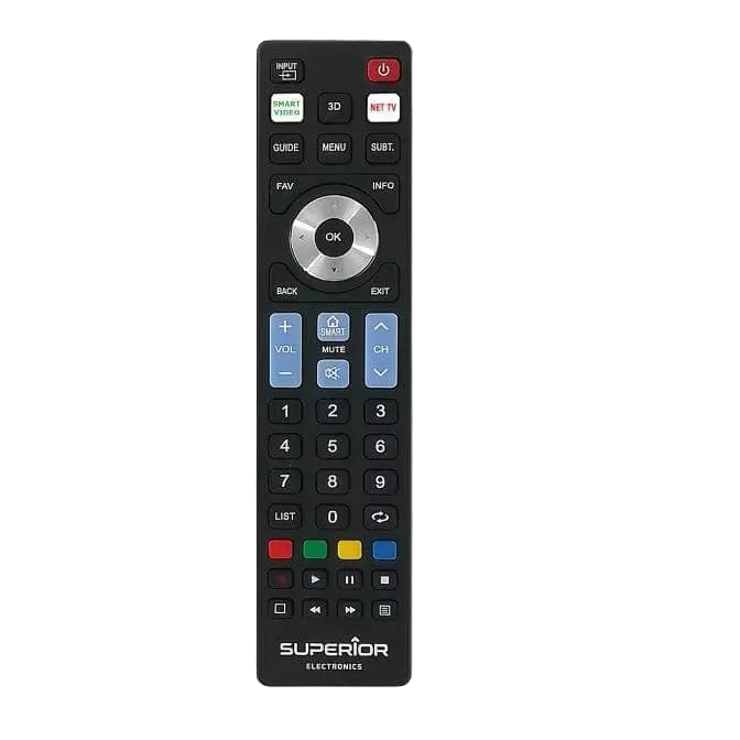 Black Superior universal TV remote with circular navigation pad and blue volume and channel buttons