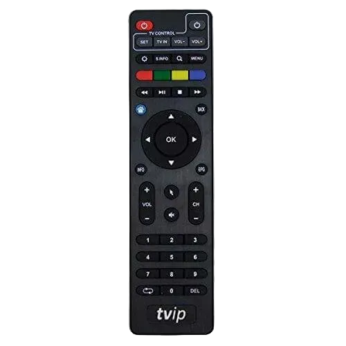 TVIP black remote control, front view with navigation ring, number keys and coloured buttons